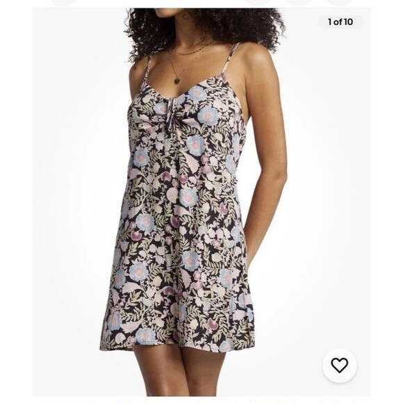 Billabong Sun Chaser Mini Slip Dress Women L Coastal Beachy New Straps Boho Tie - Picture 9 of 10